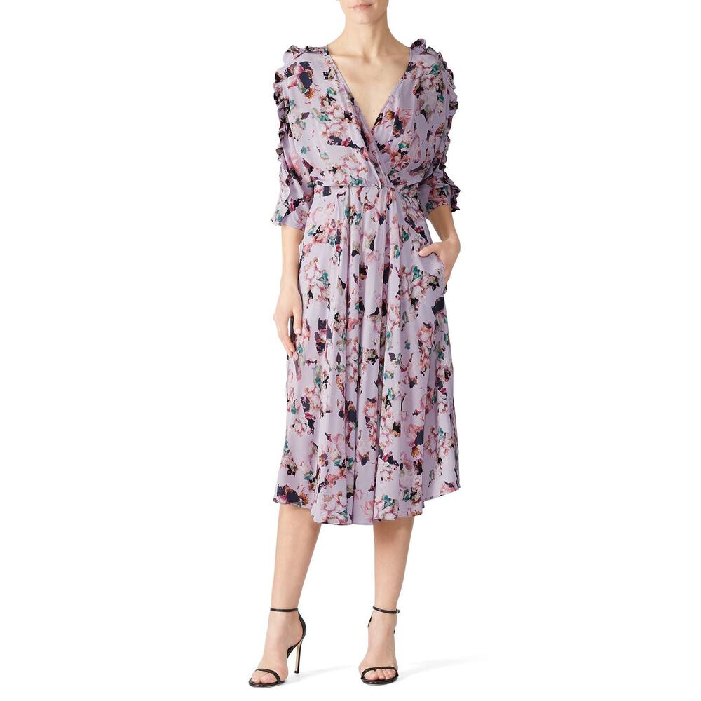 Iro Liky Lilac Purple Floral Print‎ Ruffled 3/4 Sleeve V-Neck Midi Dress Size 38
